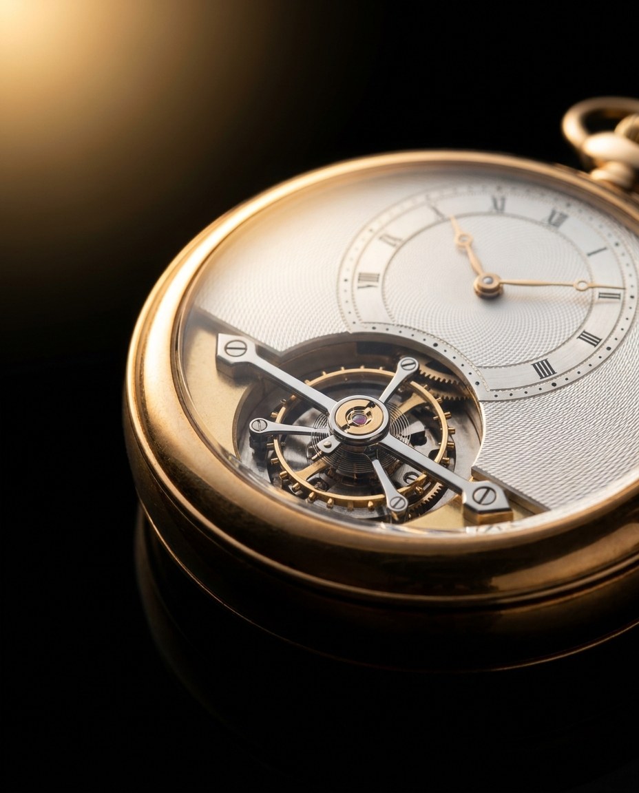 An exposed flying tourbillon in a gold pocket watch, lit against black — time, the one resource that cannot be bought or built.